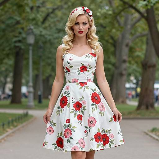 Vintage Floral Dress Fashion Woman in Park
