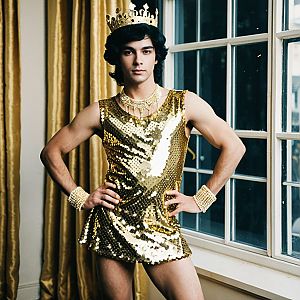 Man in Gold Sequin Dress with Crown