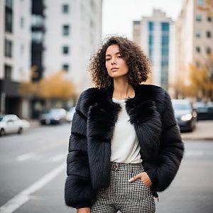 Stylish Woman in Black Fur Jacket and Checkered Pants in City Street