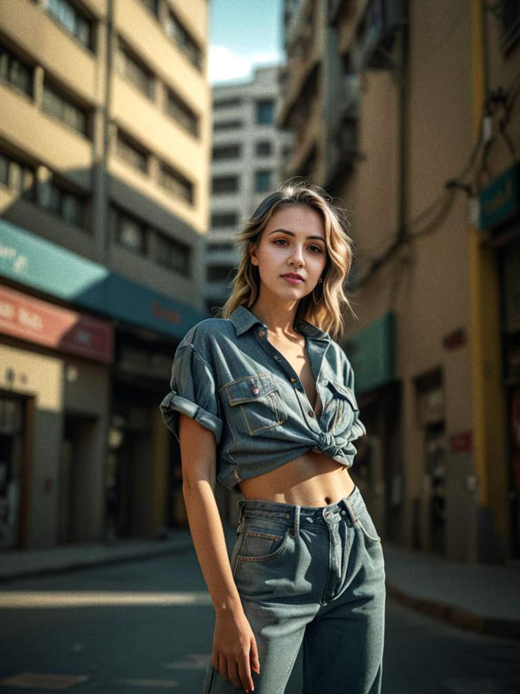 Confident Young Woman in Stylish Denim Outfit