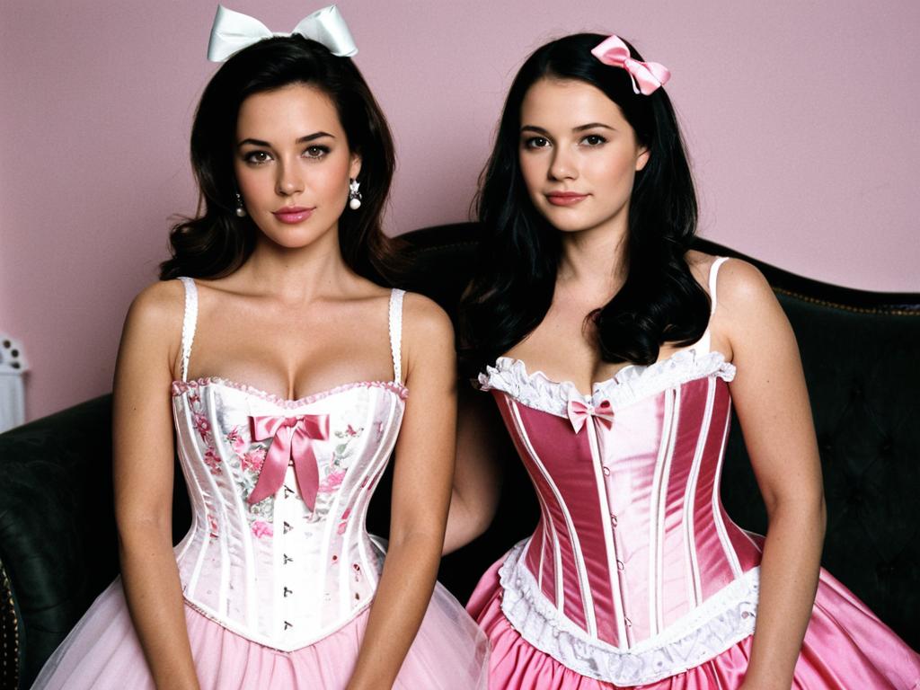 Elegant Women in Pink and White Corsets with Vintage Style