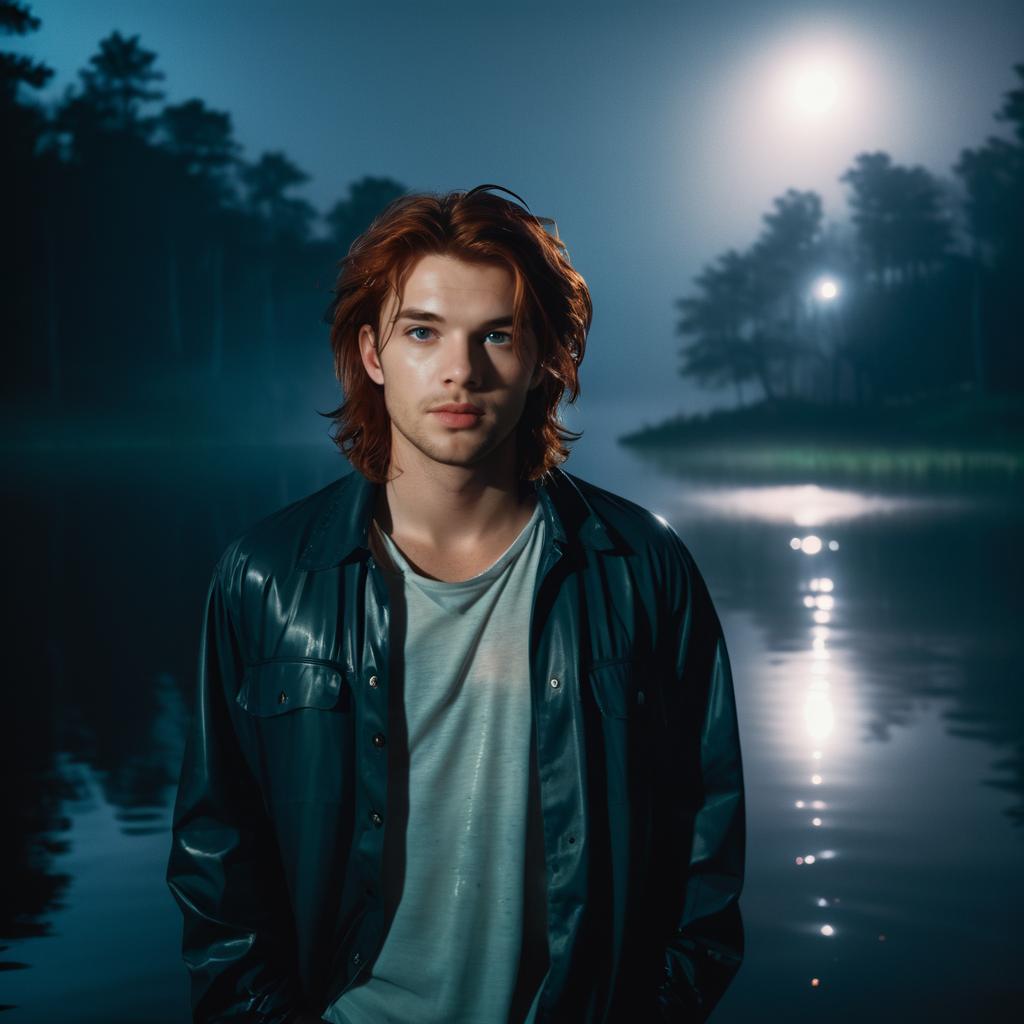 Contemplative Young Man by Misty Lake at Night