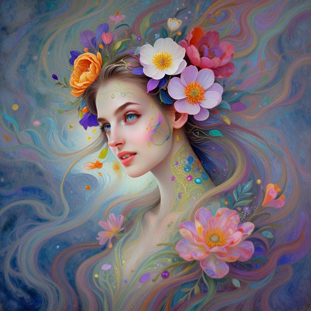 Fantasy Woman Portrait with Floral Crown and Ethereal Botanical Art