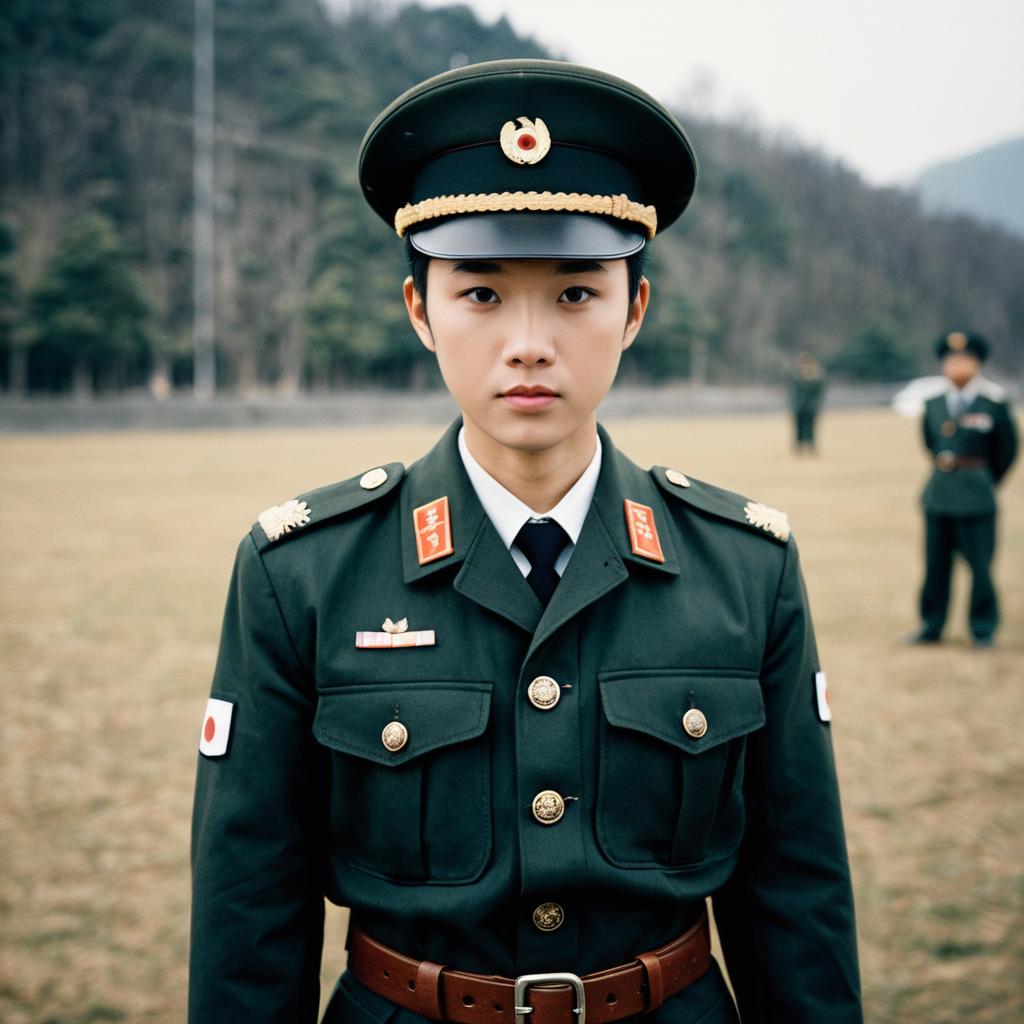 Young Man in Korean Army Costume with Focused Expression Outdoors