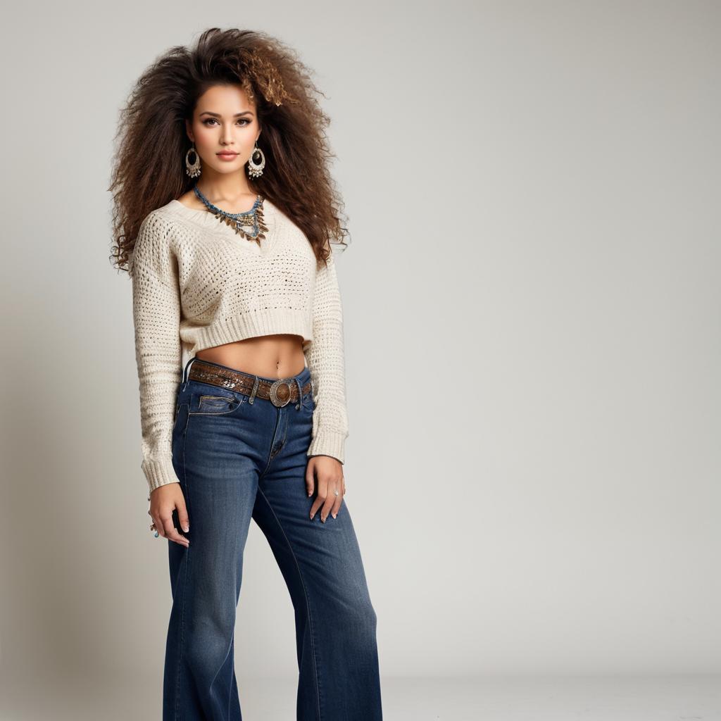 Young Woman with Voluminous Curly Hair Wearing Cropped Sweater and Jeans