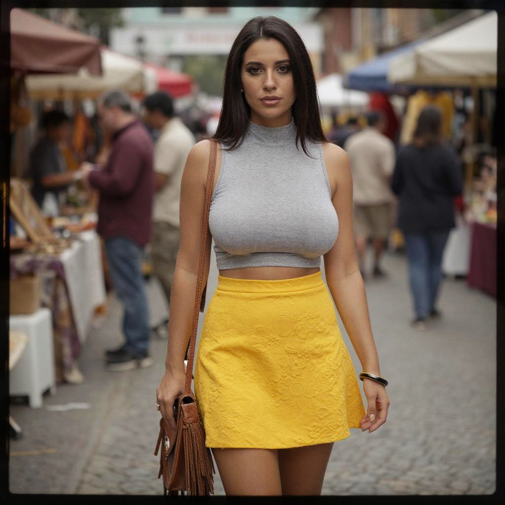Woman in High Neck Sleeveless Top and Yellow Skirt Walking at Outdoor Market