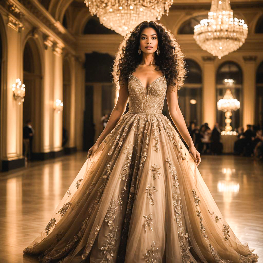 Elegant Woman in Lavish Gown at Opulent Ballroom