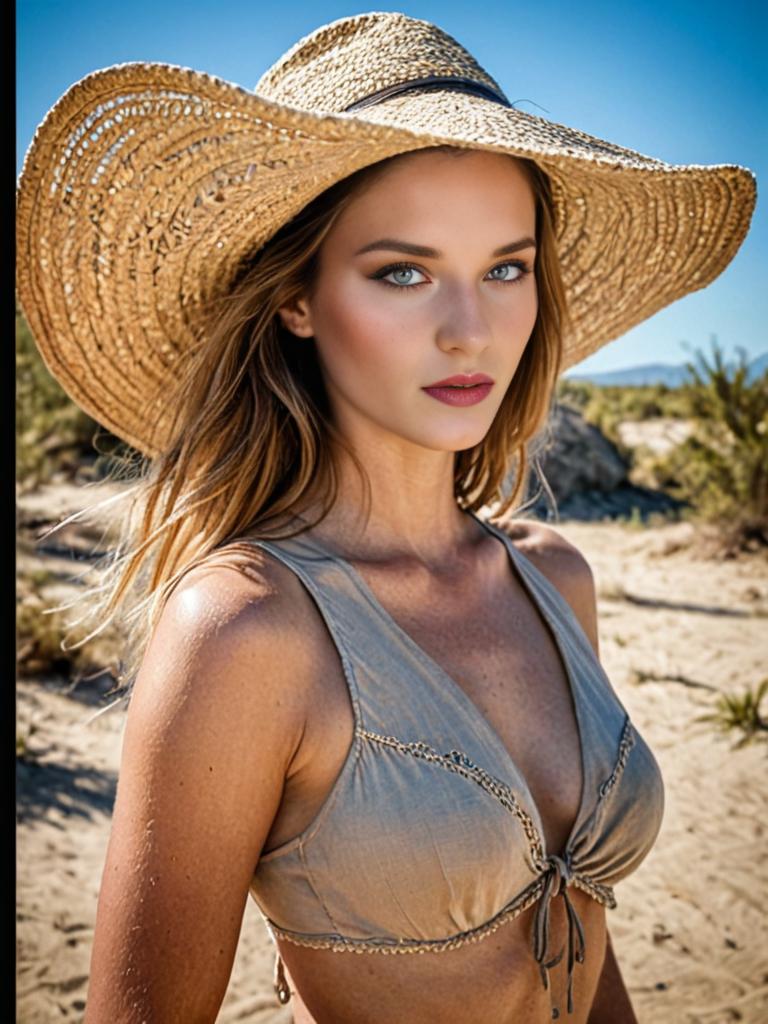 Woman in Beige Bikini Top and Straw Hat on Sandy Beach