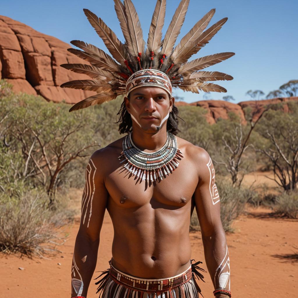 Man in Native American attire with feathered headdress