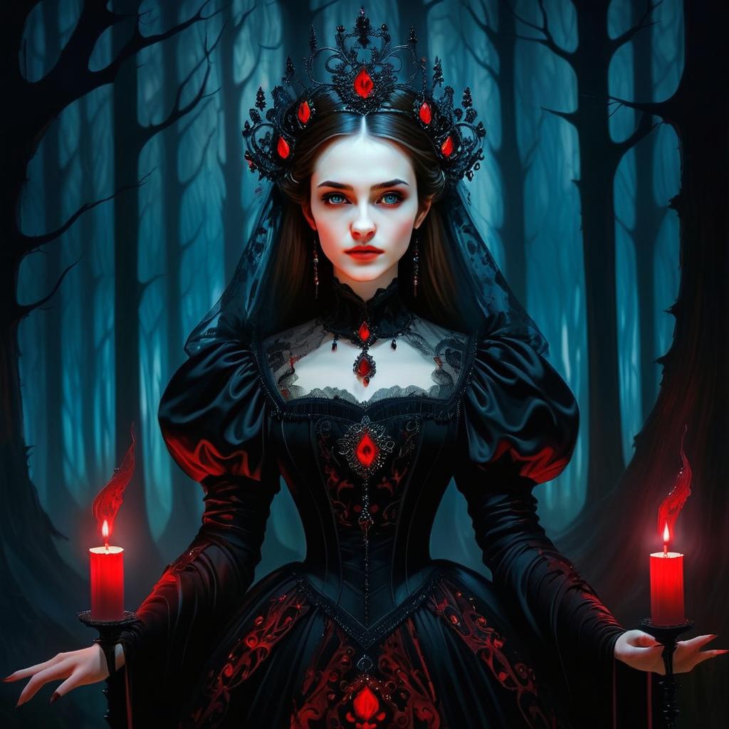 Gothic Woman in Black Dress Holding Red Candles in Dark Forest