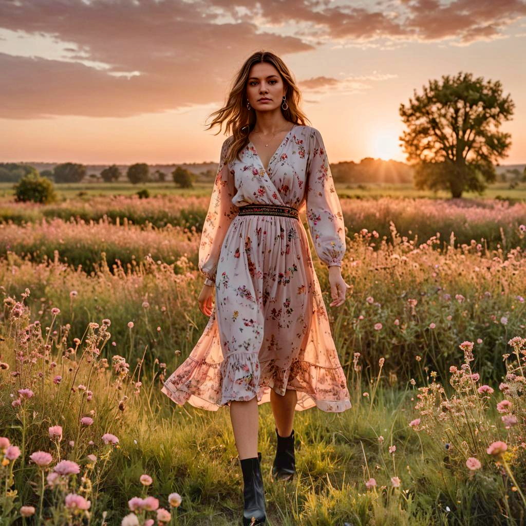 Young Woman in Floral Dress at Sunset in Wildflower Field