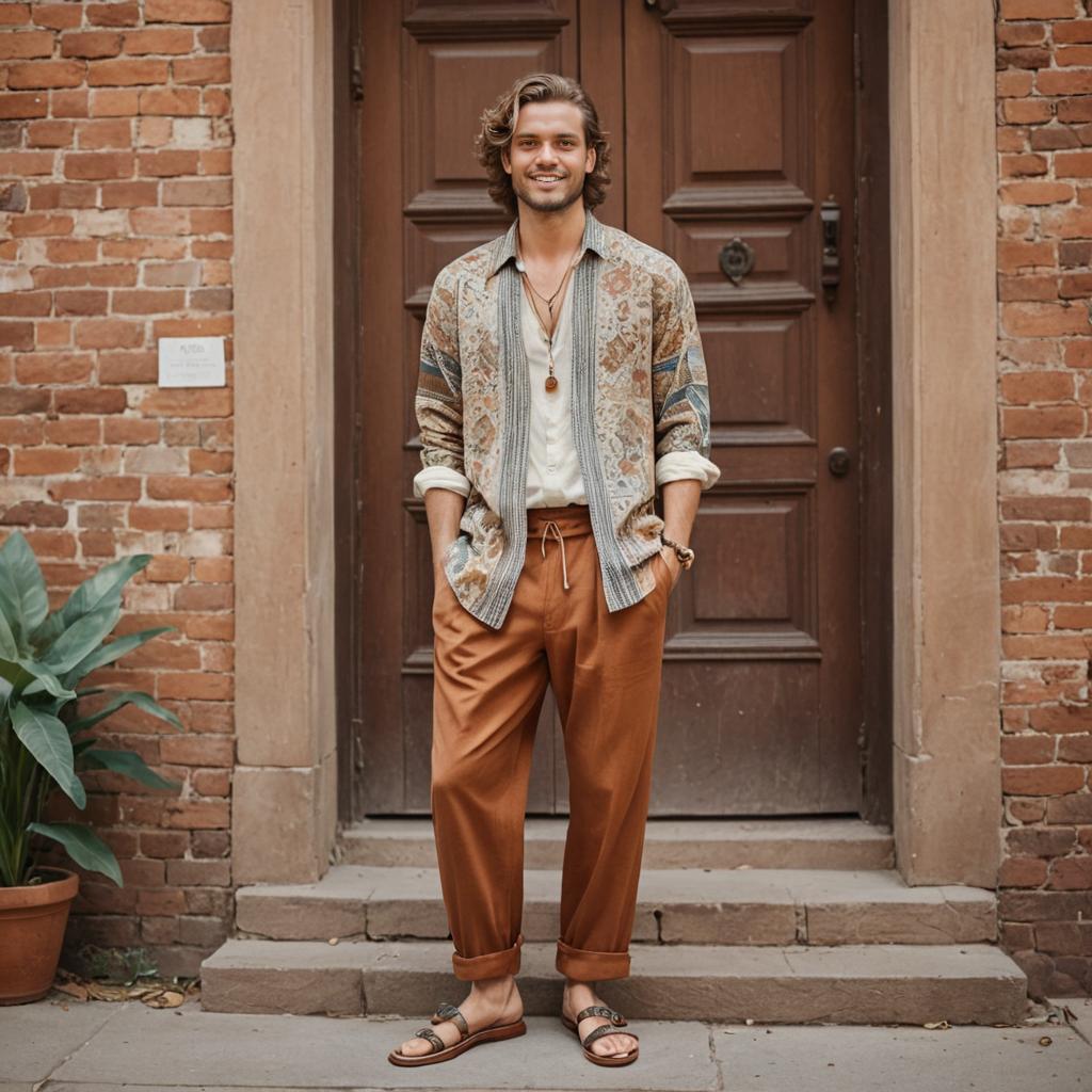 Stylish Man in Bohemian Outfit by Brick Building