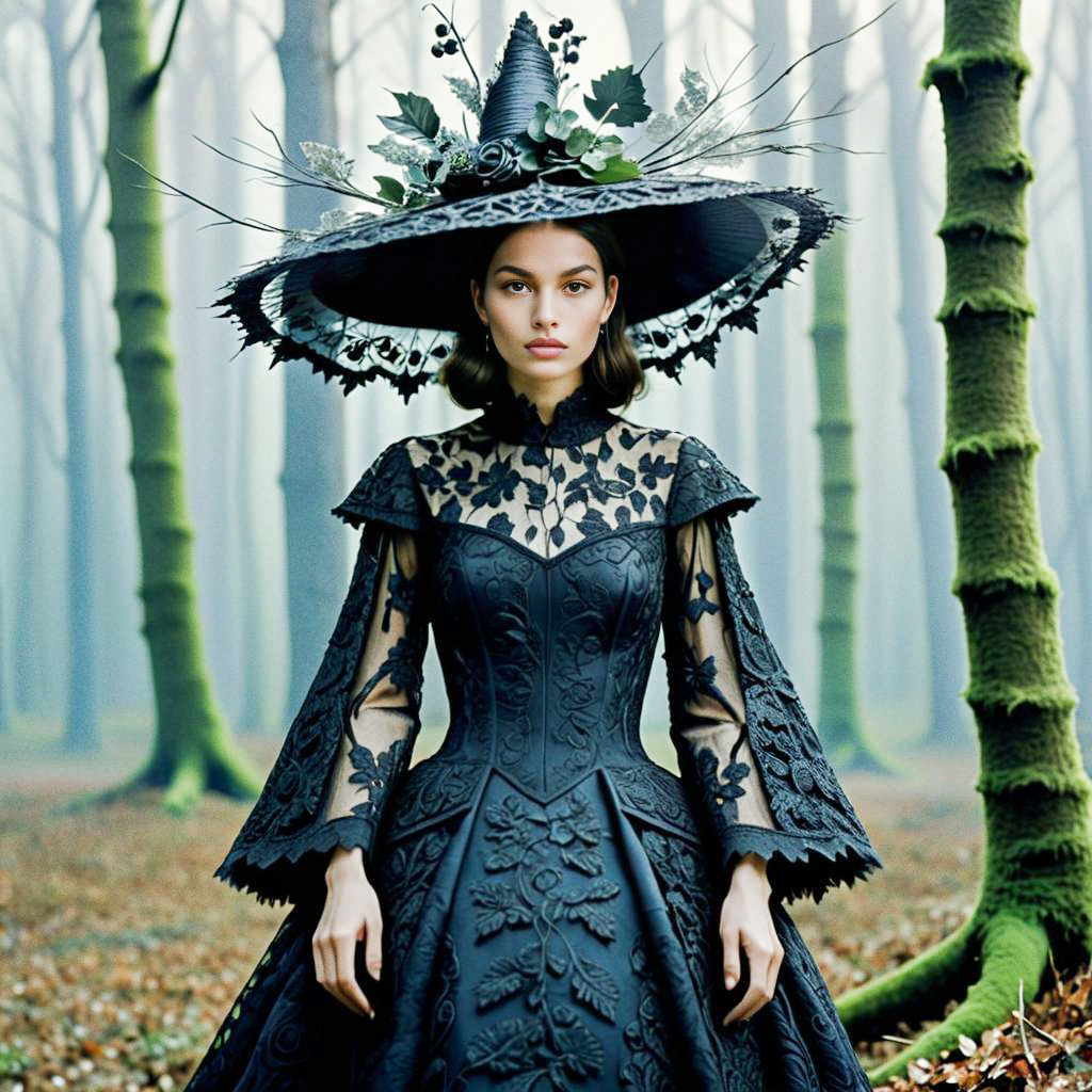 Elegant Woman in Black Gown in Foggy Forest