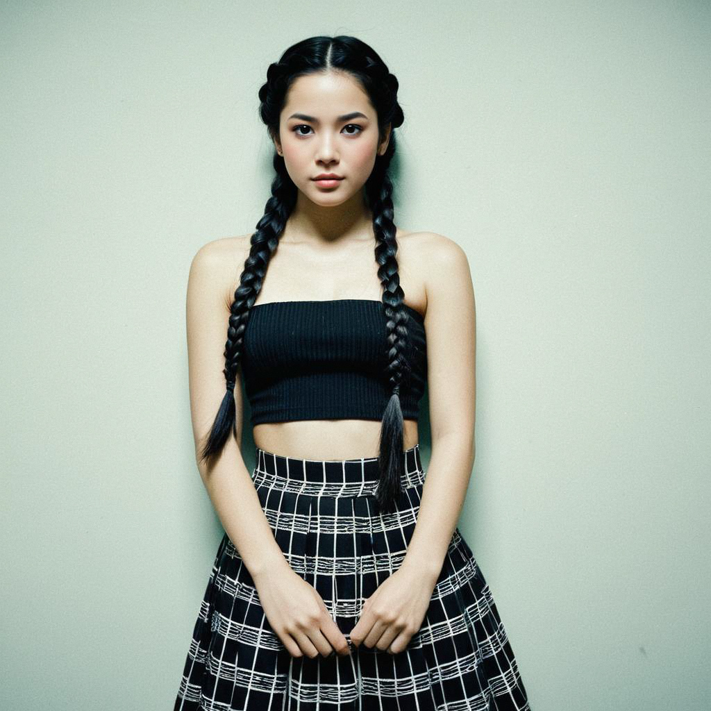 Young Woman in Black Tube Top and Checkered Skirt Young Woman in Black Tube Top and Checkered Skirt