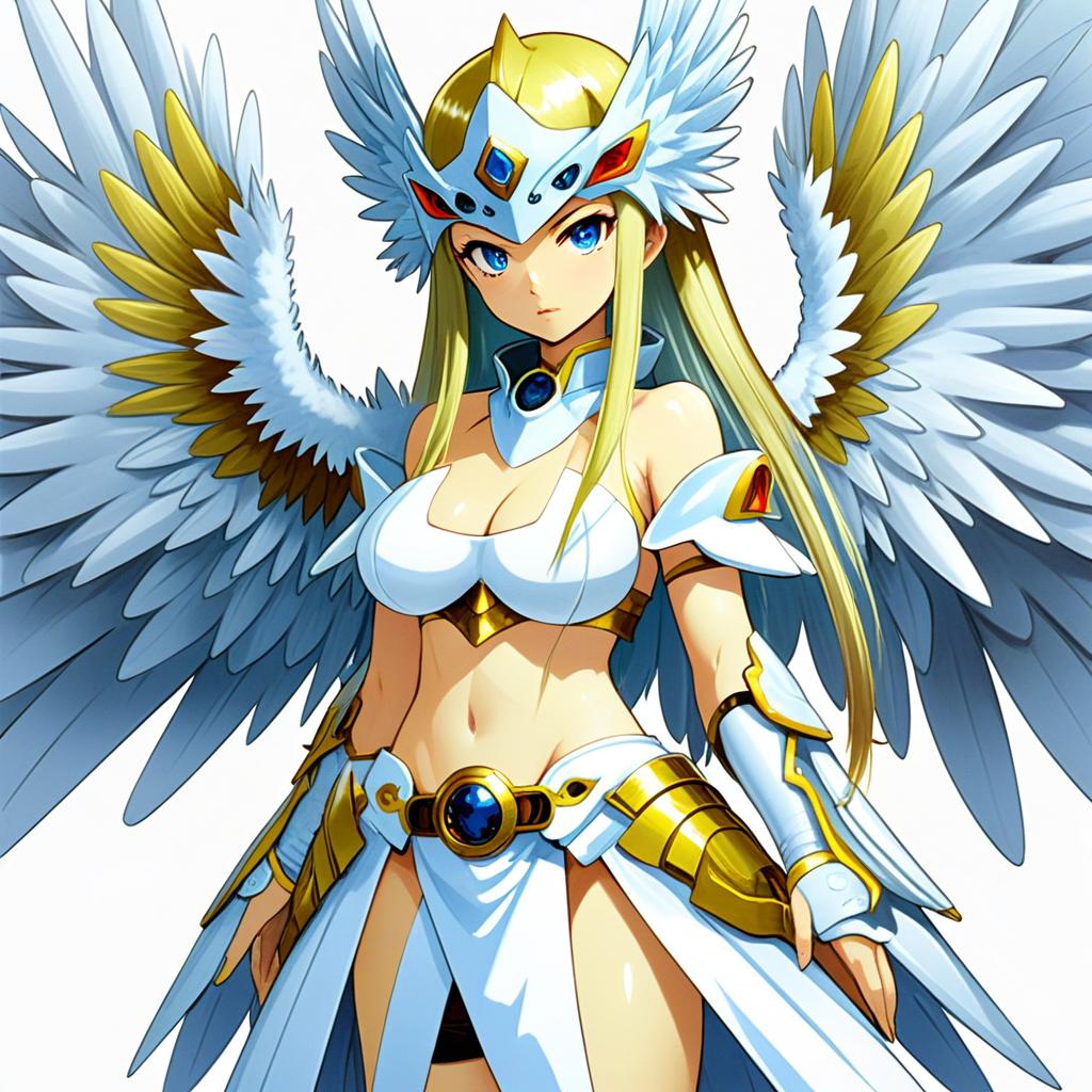 Anime Angelic Warrior Woman in White and Gold Armor with Wings