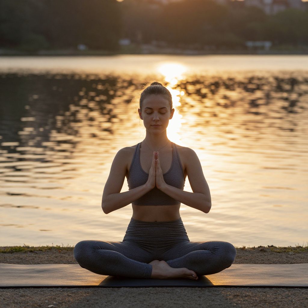Woman Meditating by the Lake at Sunset in Yoga Pose