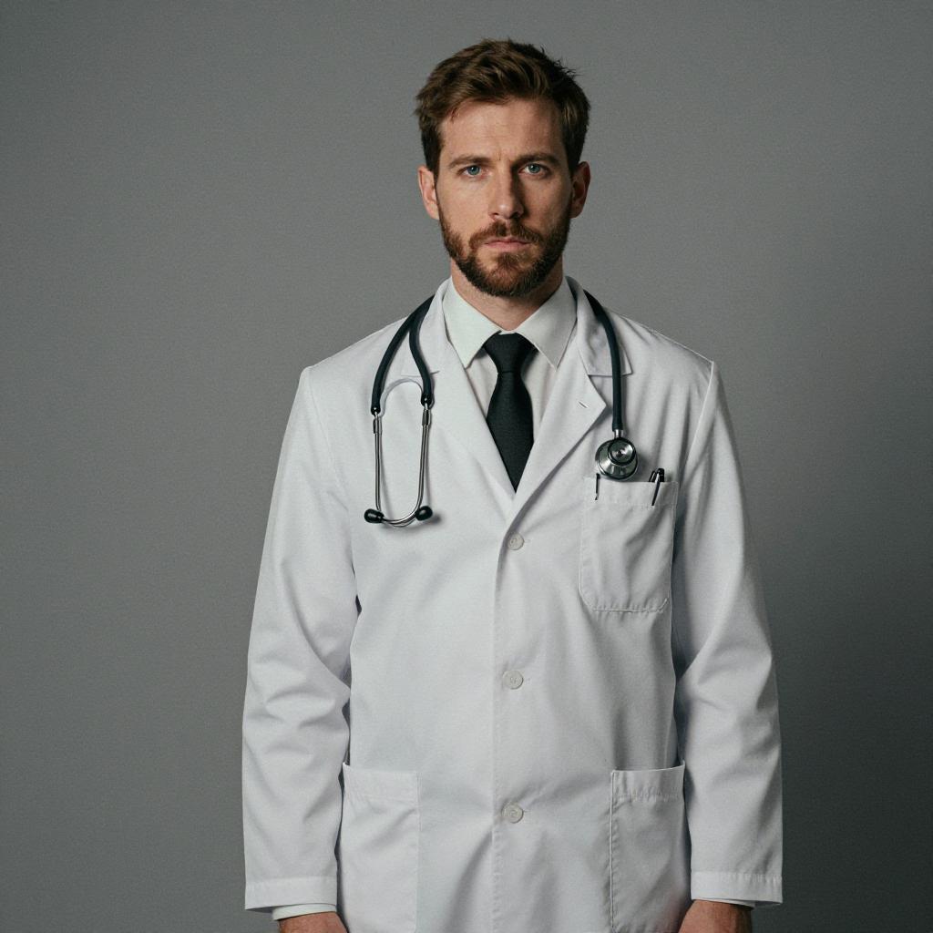 Male Doctor in White Coat with Stethoscope Studio Portrait