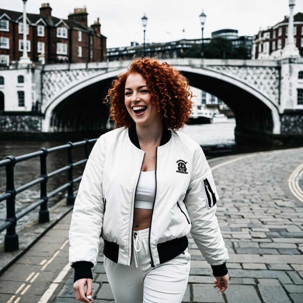 Happy Woman Walking by Historic Bridge in Urban Setting