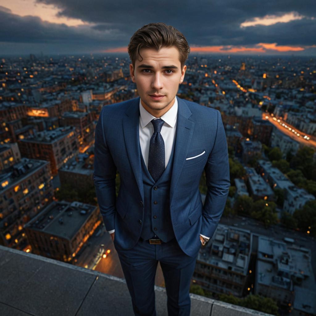 Man in Blue Suit on Rooftop at Dusk