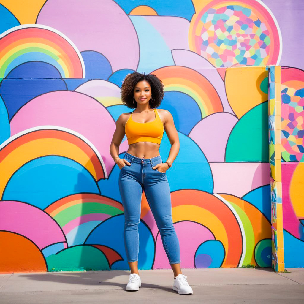 Confident Woman in Stylish Urban Fashion Against Colorful Mural