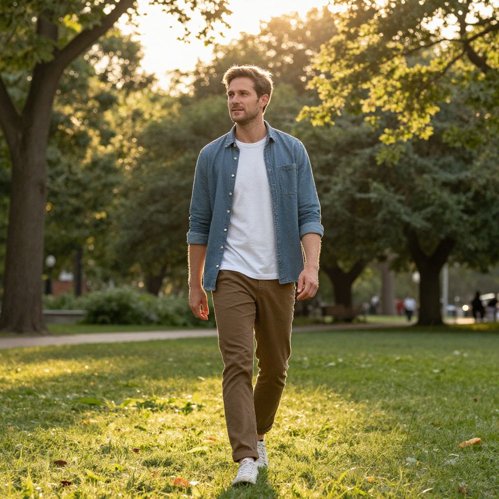 Man Walking in Sunlit Park with Casual Outfit