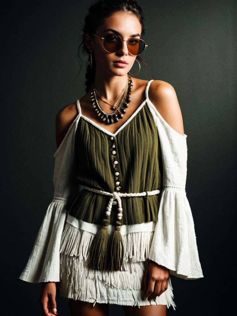 Bohemian Woman in White Off-The-Shoulder Dress with Vertical Texture and Olive Green Top