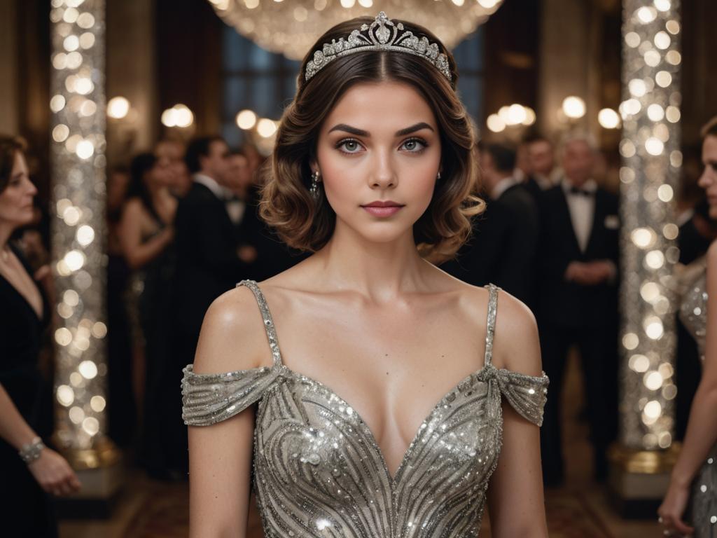 Glamorous Woman in Beaded Gown with Tiara