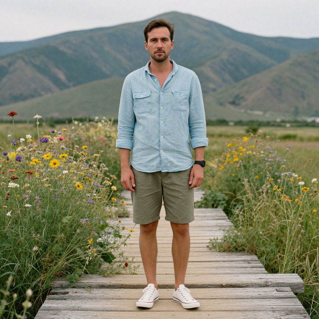 Man Standing on Wildflower Pathway with Mountain Background