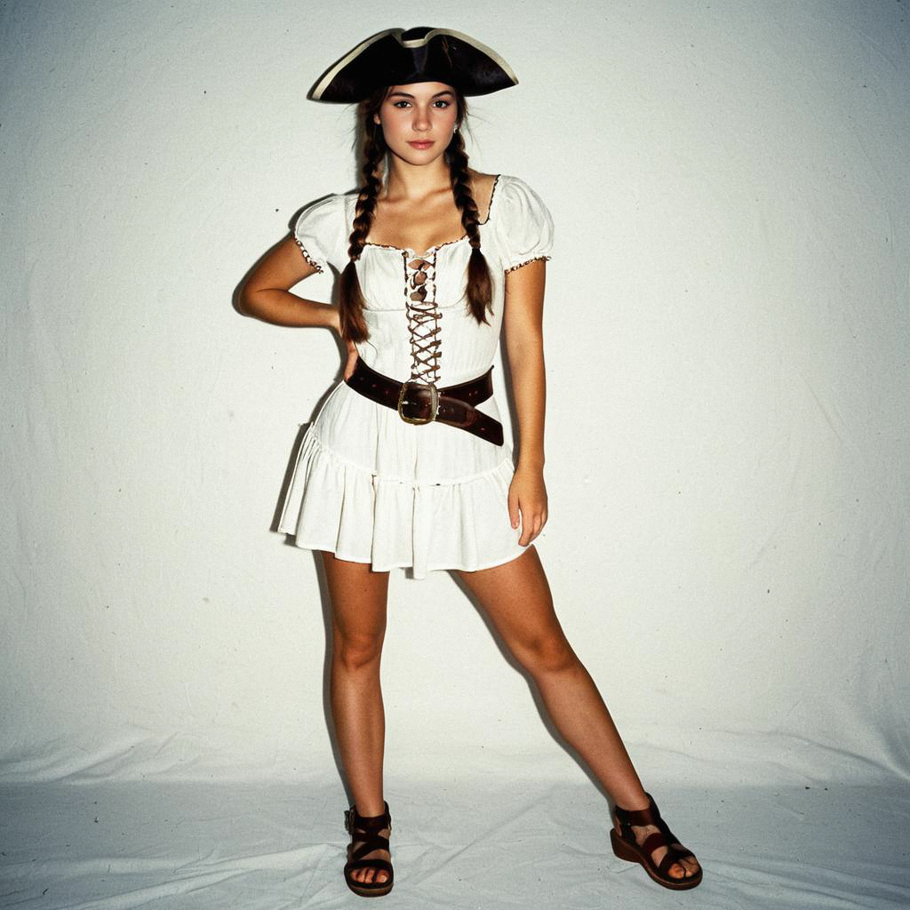 Confident Woman in Vintage White Mini Dress with Tricorn Hat