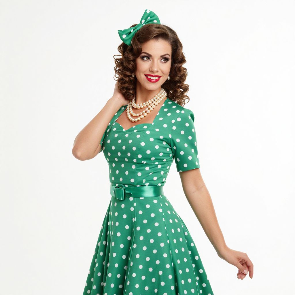 Vintage 1950s Style Woman in Green Polka Dot Dress with Pearl Necklace