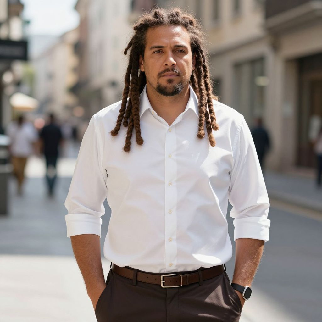Confident Man with Dreadlocks in White Shirt Standing on City Street