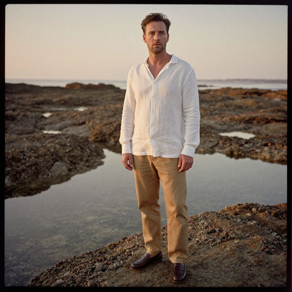 Man in White Linen Shirt and Tan Trousers on Rocky Coastal Landscape