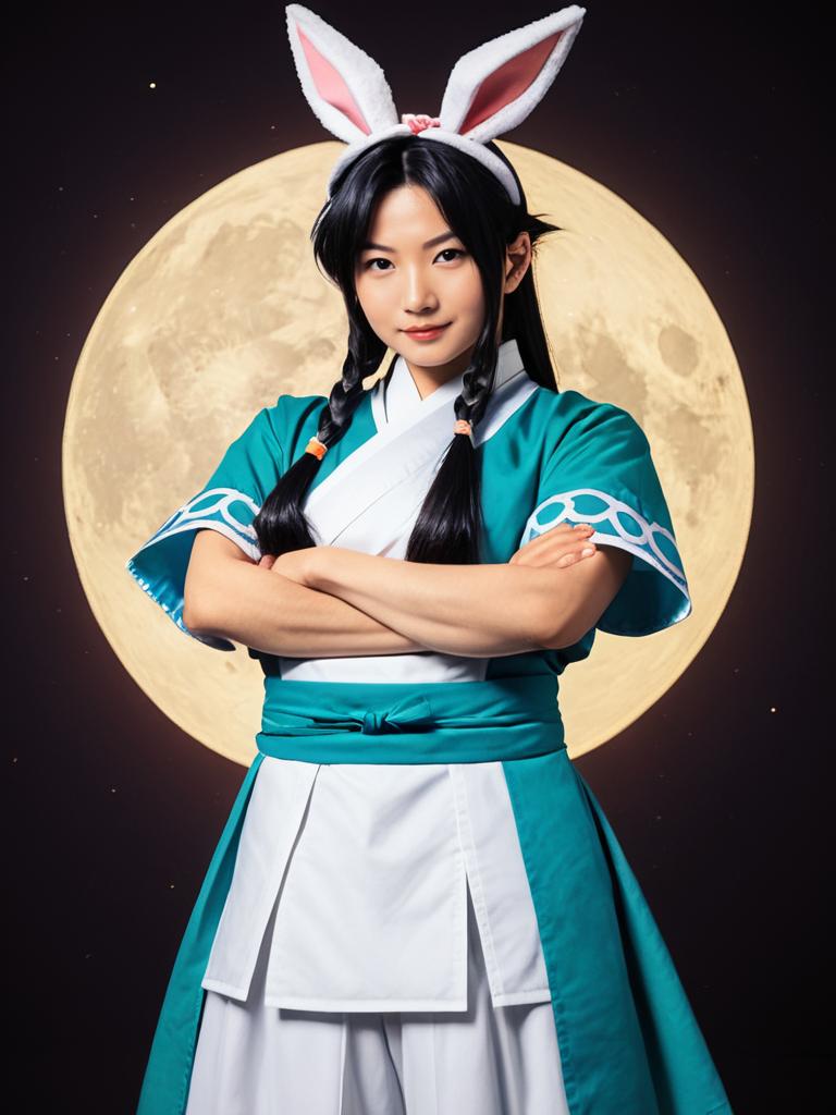 Realistic Miyamoto Usagi Cosplay Photo with Woman in Traditional Samurai Costume and Bunny Ears