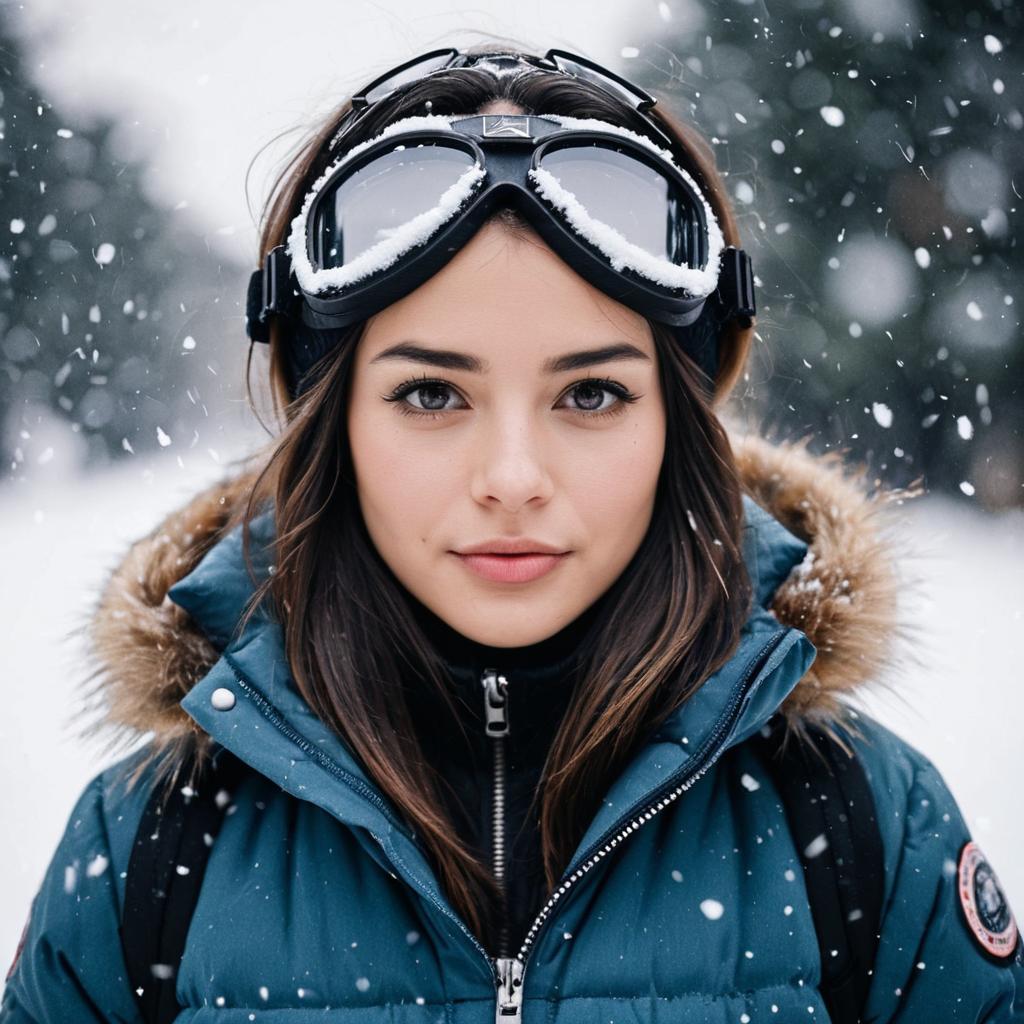 Young Woman in Blue Winter Jacket During Snowfall