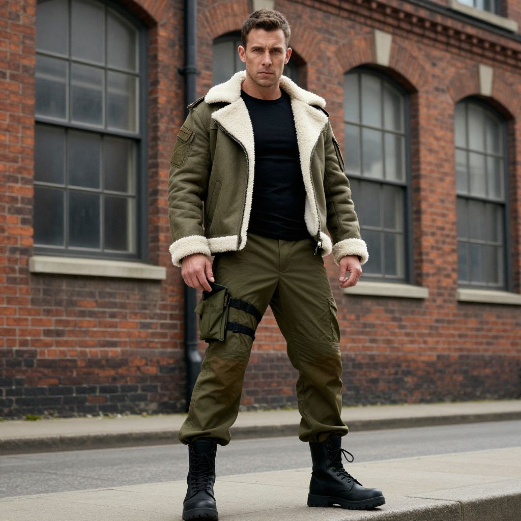 Man Wearing Olive Green Shearling Jacket and Cargo Pants on Urban Street