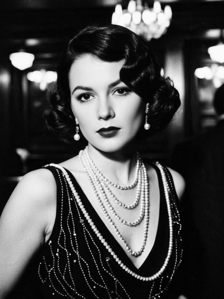 Vintage 1920s Speakeasy Woman with Pearl Necklaces Black and White Portrait