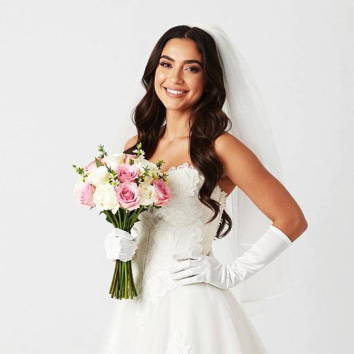 Elegant Bride in White Wedding Dress with Pink and White Rose Bouquet