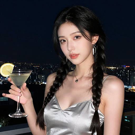 Elegant Young Woman with Martini on Rooftop at Night