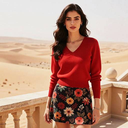 Woman in Red V-Neck Sweater with Floral Skirt on Desert Balcony