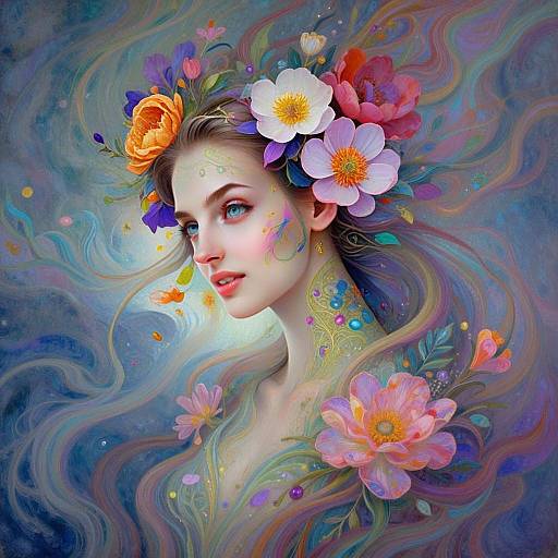 Fantasy Woman Portrait with Floral Crown and Ethereal Botanical Art