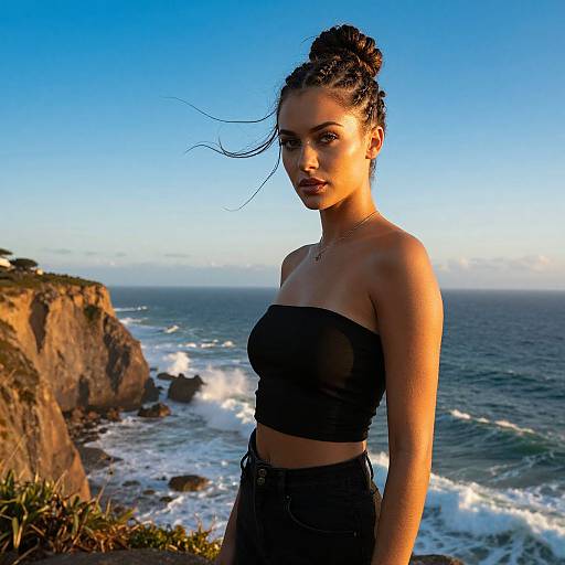 Young Woman with Braided Hair by Ocean Cliffs at Sunset