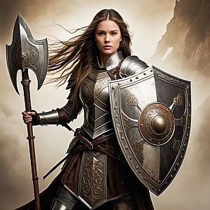 Determined Woman Warrior in Medieval Armor