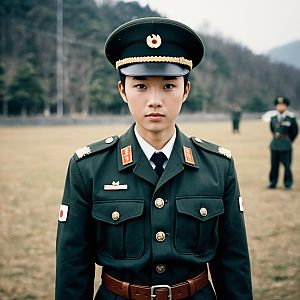Young Man in Korean Army Costume with Focused Expression Outdoors