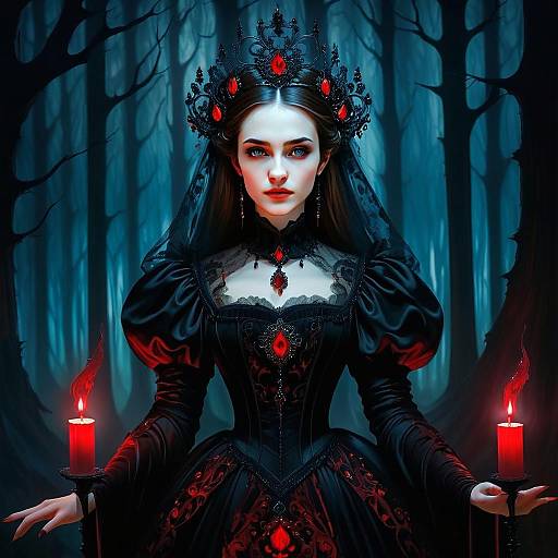 Gothic Woman in Black Dress Holding Red Candles in Dark Forest