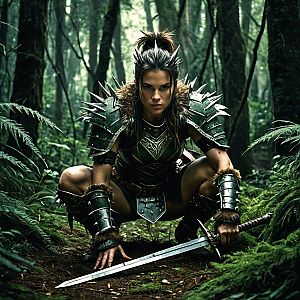 Female Warrior in Spiked Armor Holding Sword in Forest