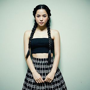 Young Woman in Black Tube Top and Checkered Skirt