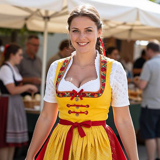 Young Woman in Traditional Yellow Dirndl Dress at Outdoor Festival