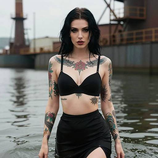 Tattooed Woman in Black Crop Top and Skirt Standing in Water at Industrial Dock