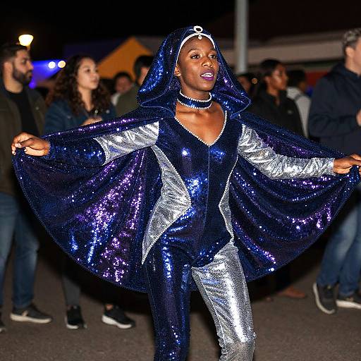 Gen Z Woman Wearing Shimmering Blue and Silver Futuristic Costume at Night Event