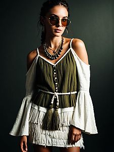 Bohemian Woman in White Off-The-Shoulder Dress with Vertical Texture and Olive Green Top
